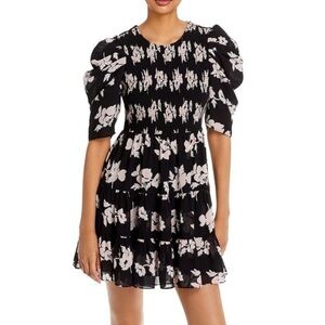 NWT!  Cinq a Sept Hollis Black Smocked Puff Sleeve Mini Dress Size 6 M1
